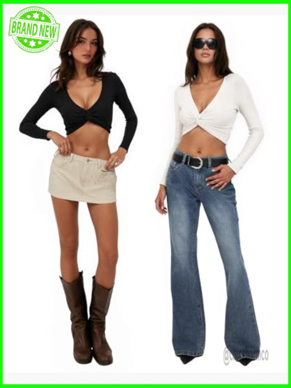 Long Sleeve Twist Front Crop Top Ribbed V Neck Going Out Shirt - Picture 2 of 7